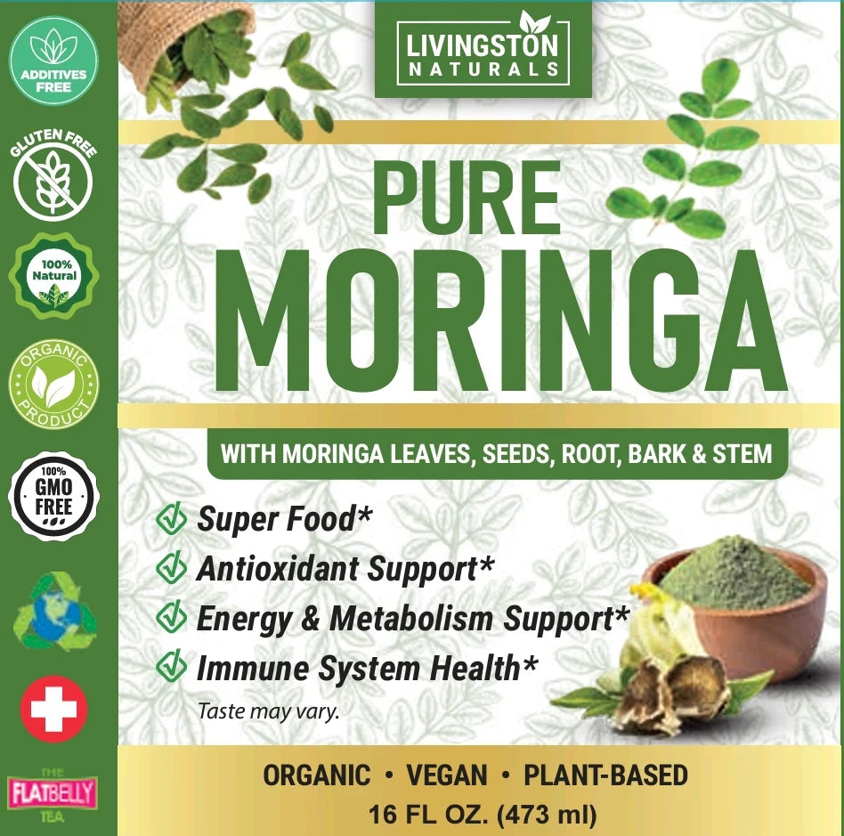 Organic Moringa liquid with full-spectrum plant parts. Supports energy, immunity, blood sugar, and inflammation. Potent superfood formula. By Livingston