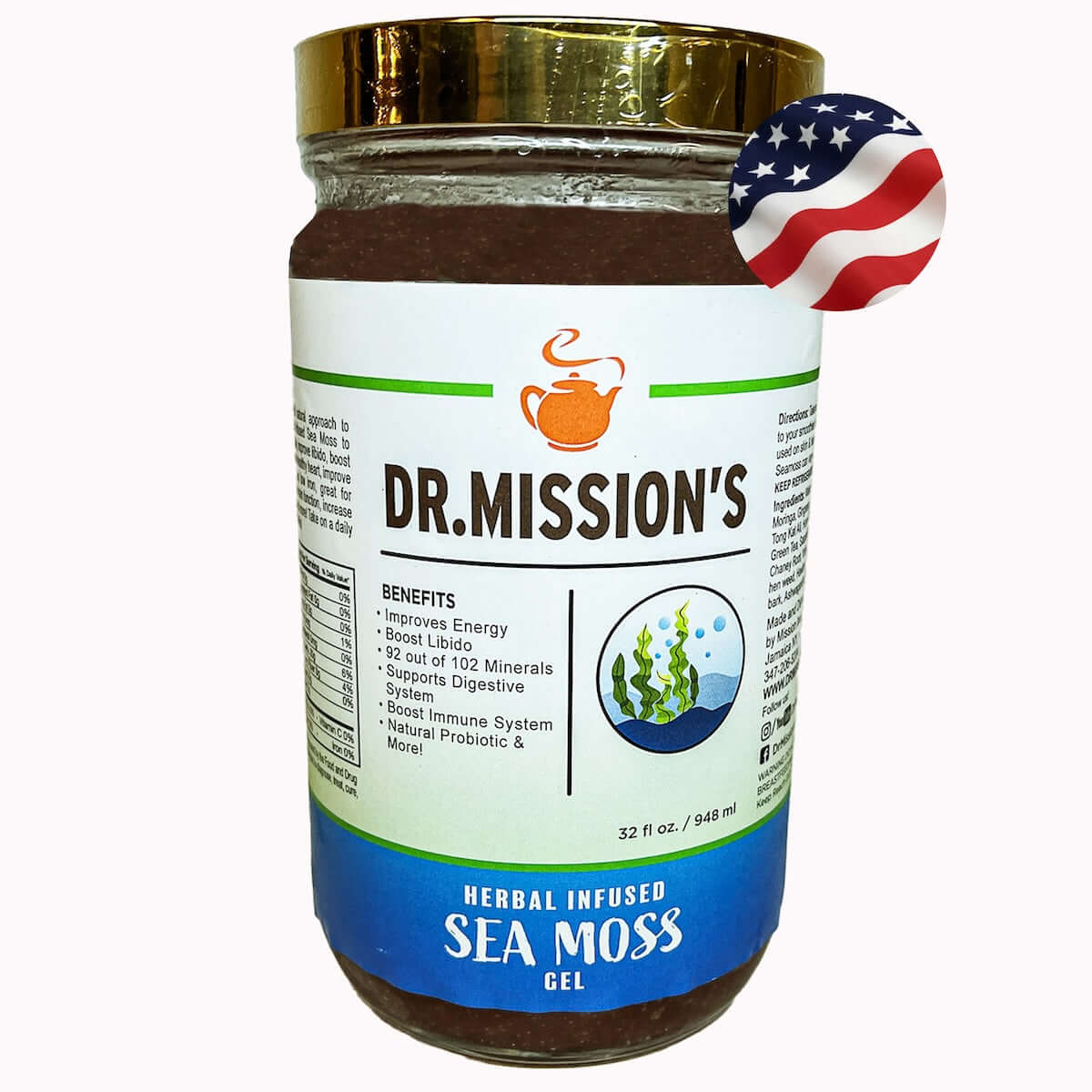 Dr. Mission Herbal Infused Sea Moss | This unique blend of Sea-Moss and herbs like Moringa, Ginseng, Ginkgo Biloba, Tongkat Ali, and more is crafted for optimal health. Enjoy natural wellness!