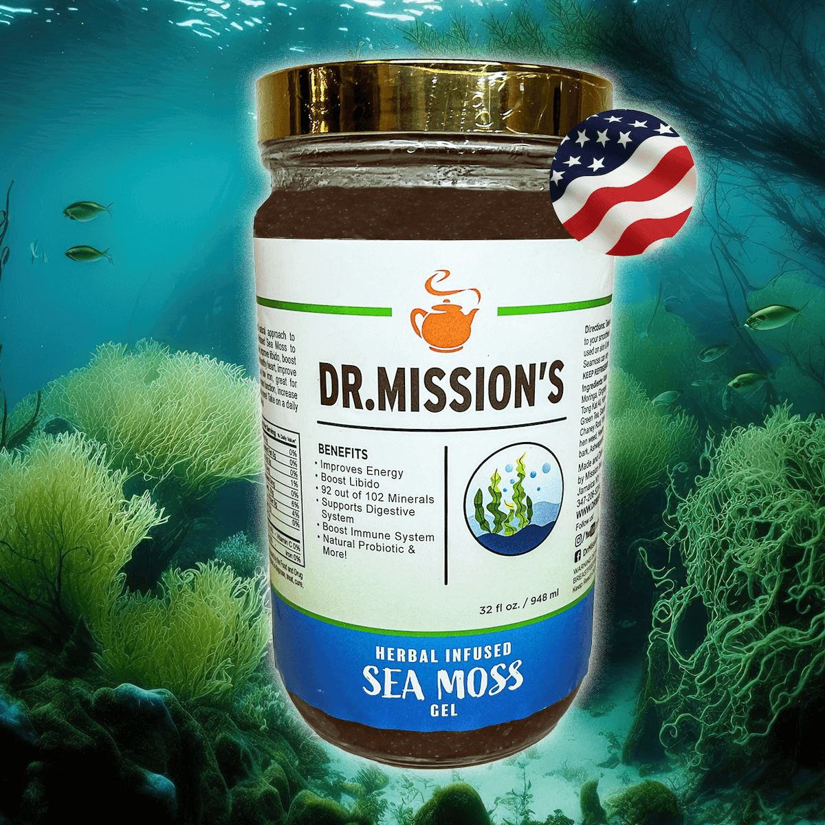 Dr. Mission Herbal Infused Sea Moss | This unique blend of Sea-Moss and herbs like Moringa, Ginseng, Ginkgo Biloba, Tongkat Ali, and more is crafted for optimal health. Enjoy natural wellness!