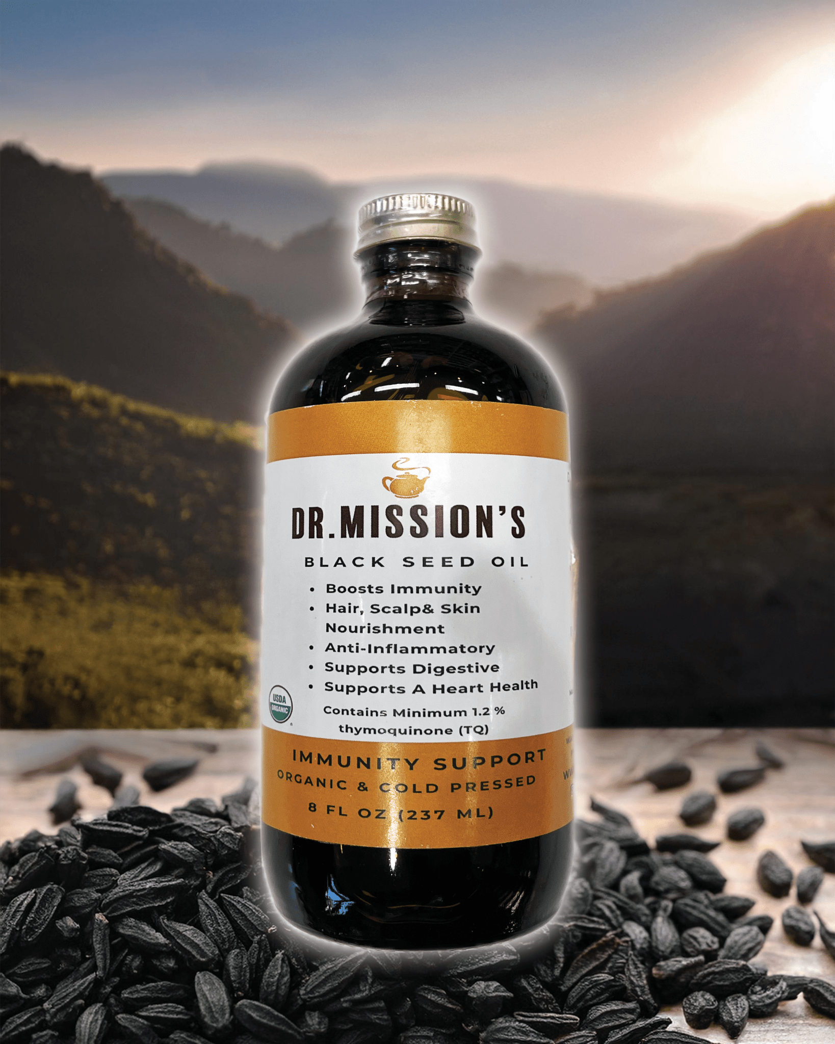 Discover the power of Dr. Mission cold-pressed organic black seed oil, sourced from the Nigella Sativa plant and bottled in the USA. USDA-certified organic, it promotes healthier skin,  hair, boosts immunity, serves as anti-inflammatory  through its potent antioxidant properties.