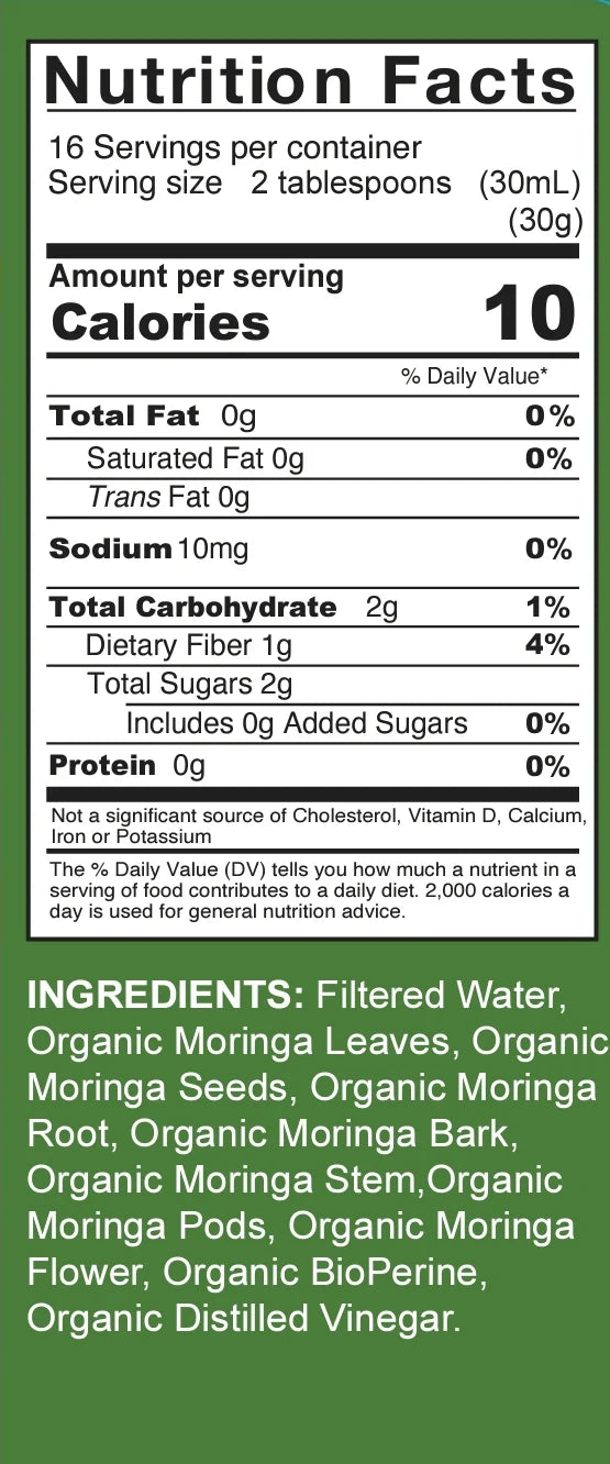 Nutrition facts label for organic pure moringa formula