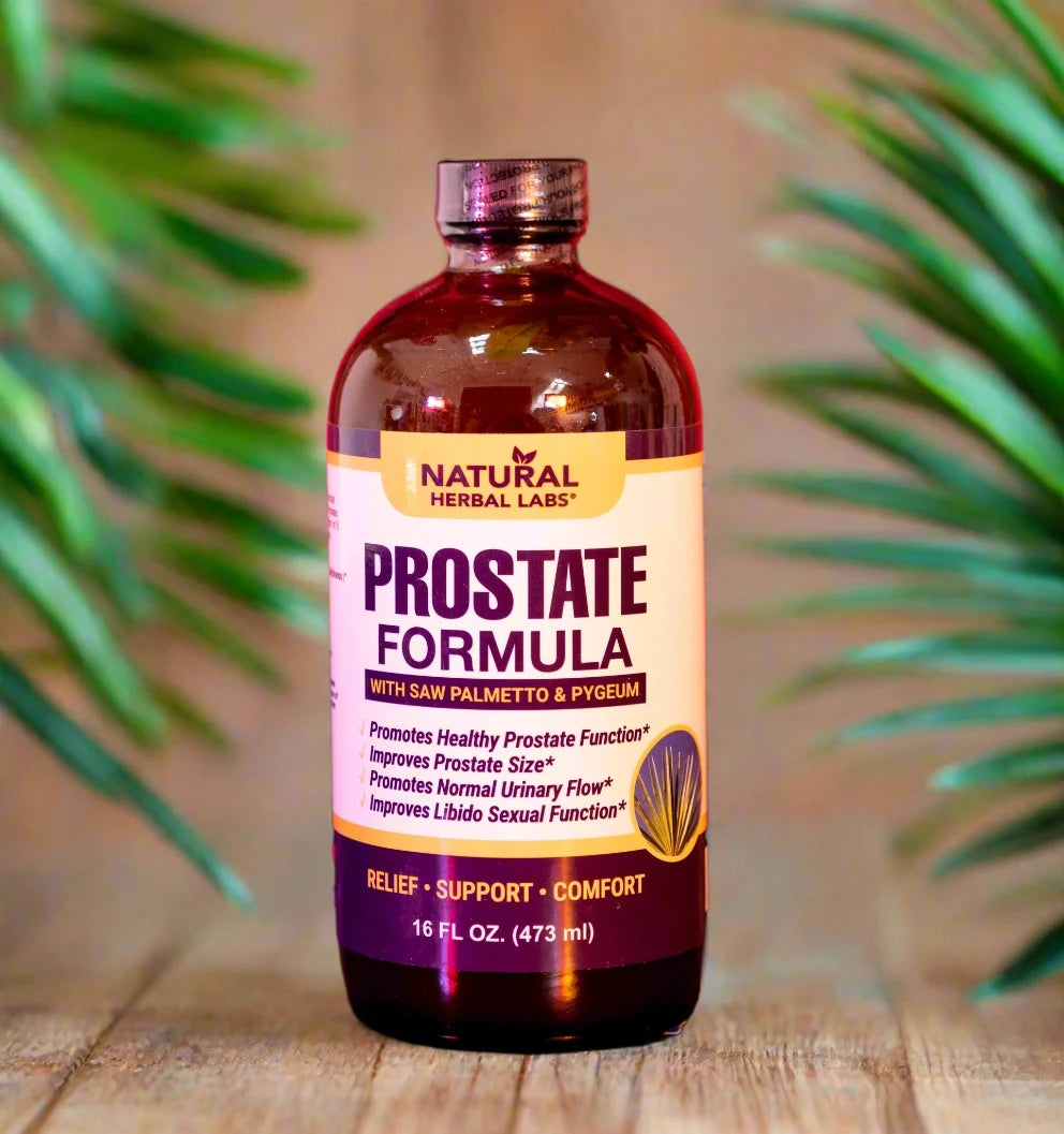Herbal organic prostate formula featuring key ingredients Saw Palmetto and Pygeum, traditionally used to support prostate health, hormone balance, and urinary function. Surrounded by natural herbs including Nettle Root, Pumpkin Seeds, Hawthorn, Burdock, and Green Tea