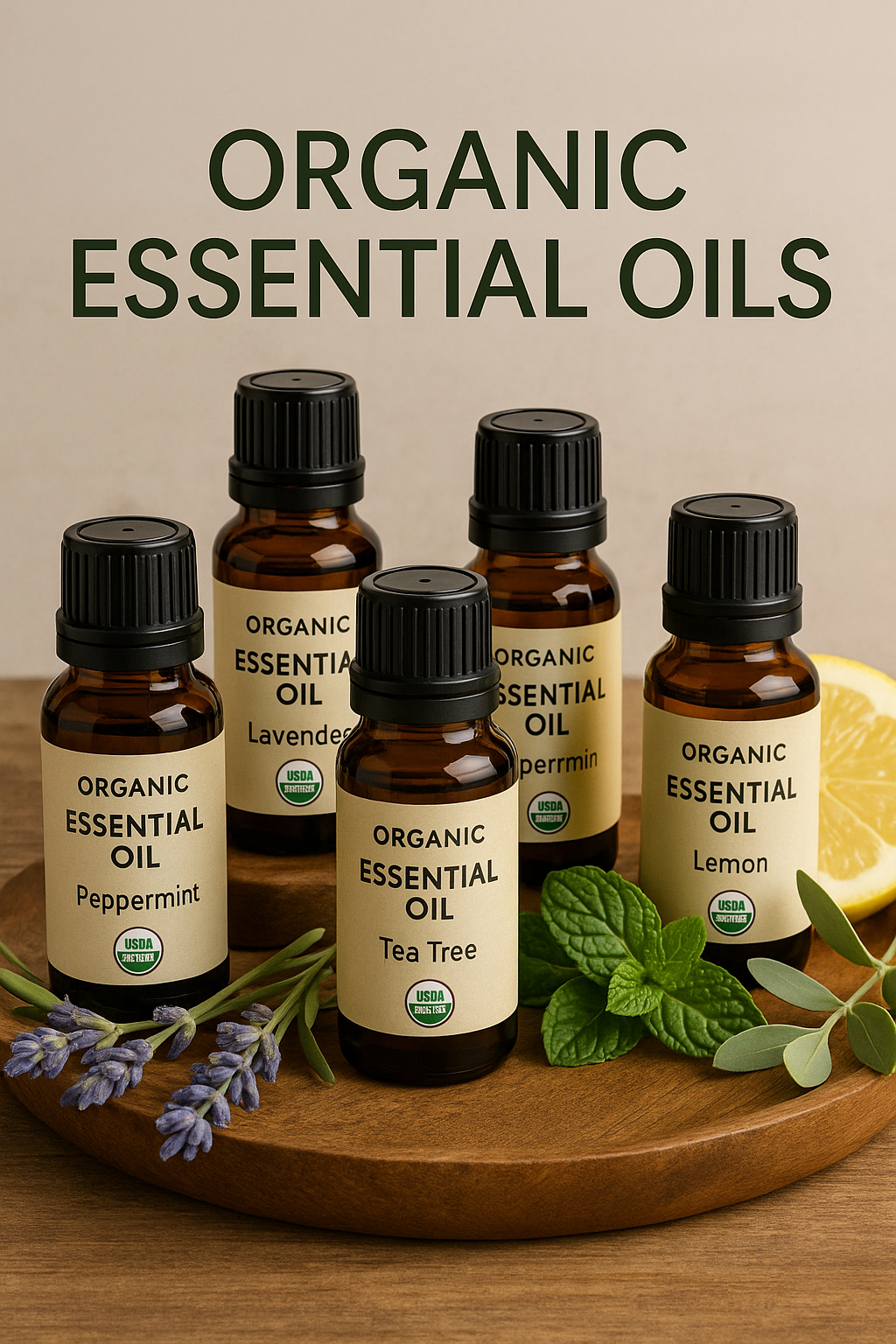 Organic Essential Oils Collection displayed in amber glass bottles with lavender, mint, eucalyptus, and lemon — natural aromatherapy and organic wellness oils