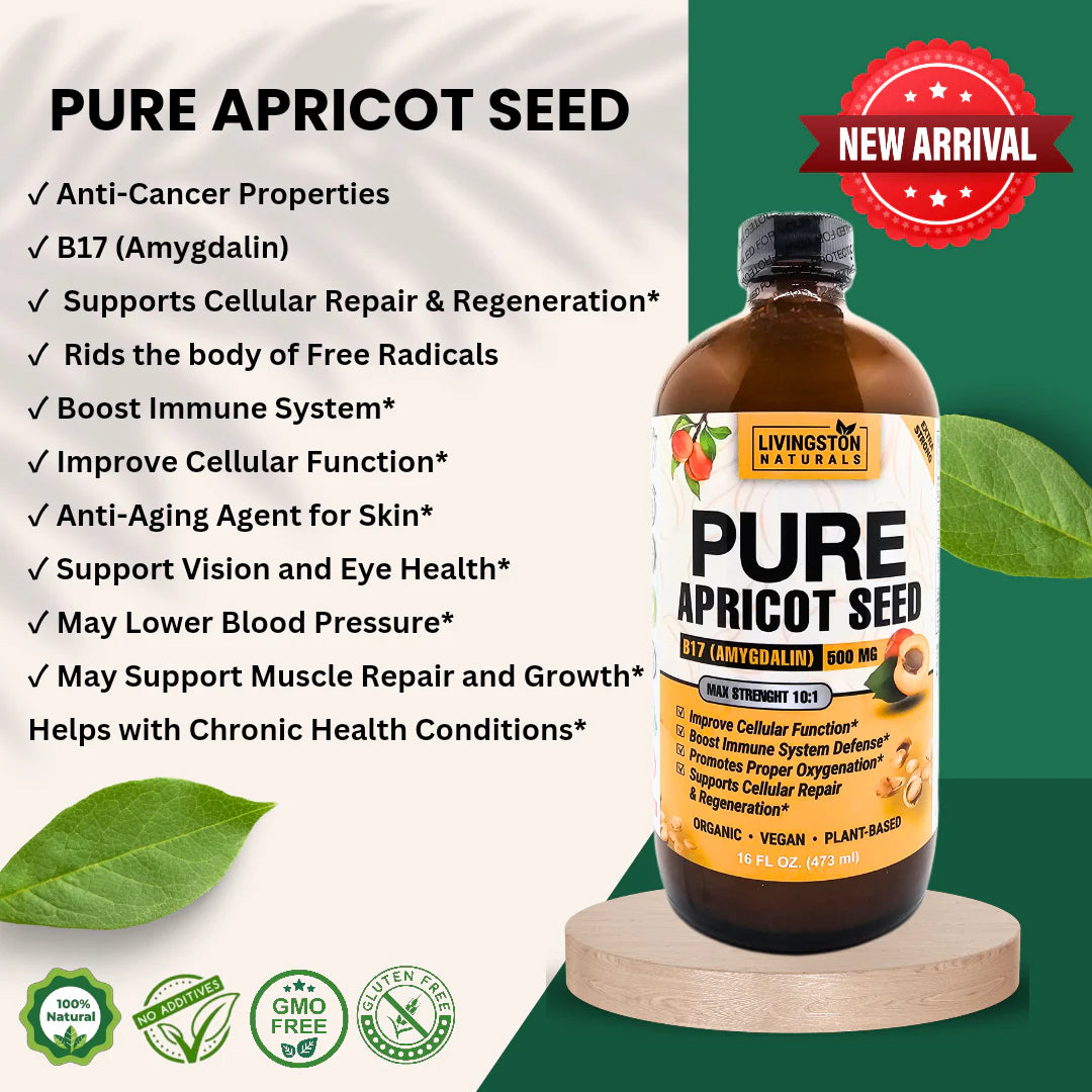 Experience the health benefits of Apricot Seed Extract with B17 (Amygdalin). Supports cellular repair, boosts immunity, and promotes overall well-being