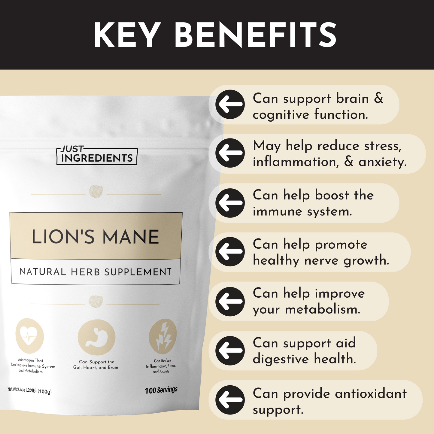 Organic Lion’s Mane Mushroom Powder – Brain, Gut & Immune Support