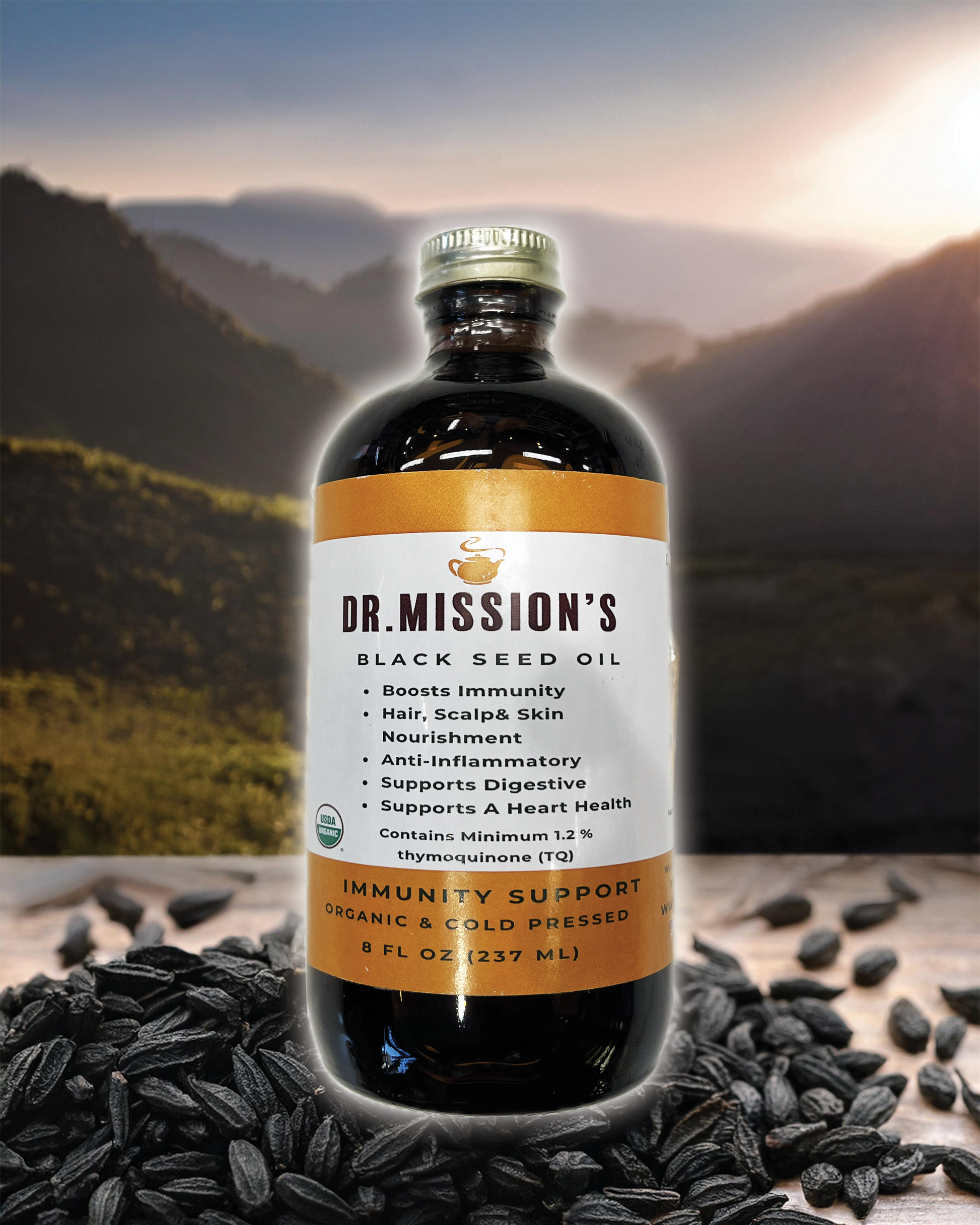 Discover the power of Dr. Mission cold-pressed organic black seed oil, sourced from the Nigella Sativa plant and bottled in the USA. USDA-certified organic, it promotes healthier skin,  hair, boosts immunity, serves as anti-inflammatory  through its potent antioxidant properties. 