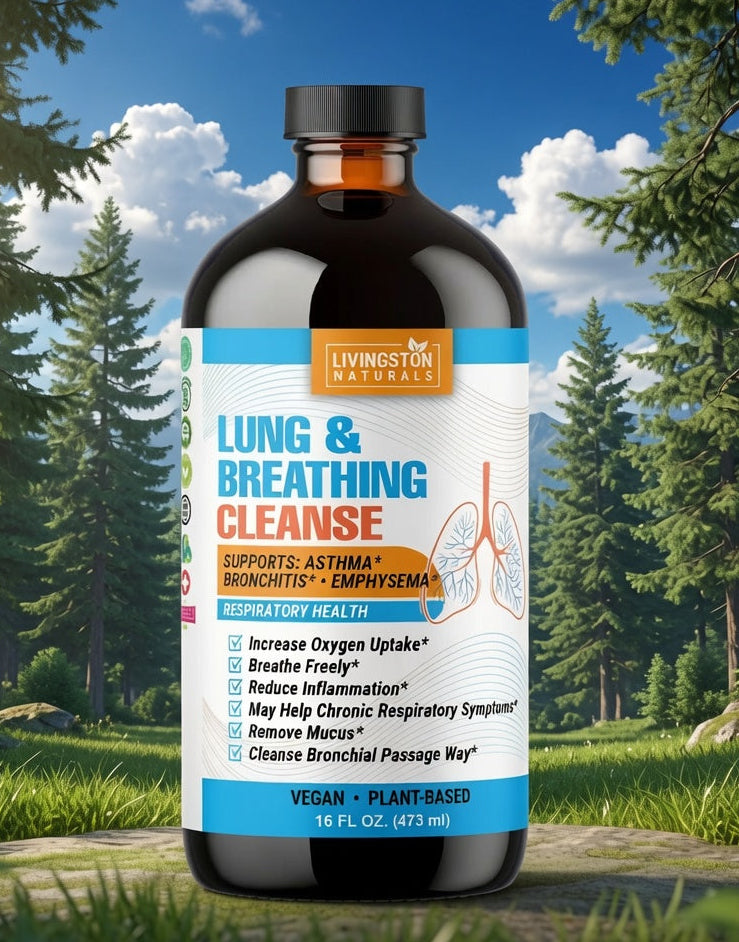 Plant-based lung & breathing support tonic with mullein, nettle, horehound, osha root, peppermint, eucalyptus & vitamin C. By Livingston Naturals
