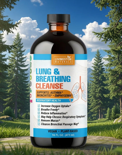 Plant-based lung & breathing support tonic with mullein, nettle, horehound, osha root, peppermint, eucalyptus & vitamin C. By Livingston Naturals