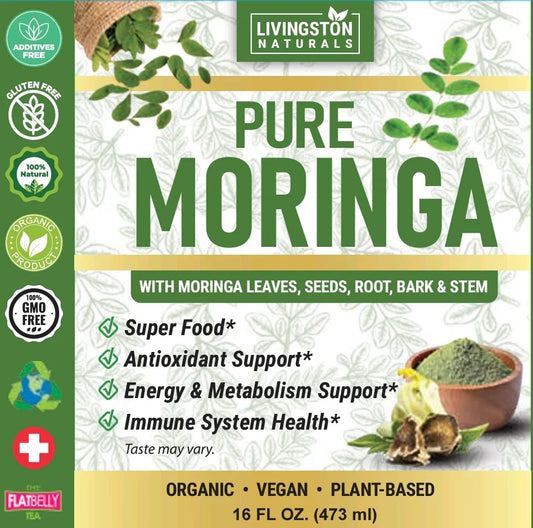 Organic Moringa liquid with full-spectrum plant parts. Supports energy, immunity, blood sugar, and inflammation. Potent superfood formula. By Livingston