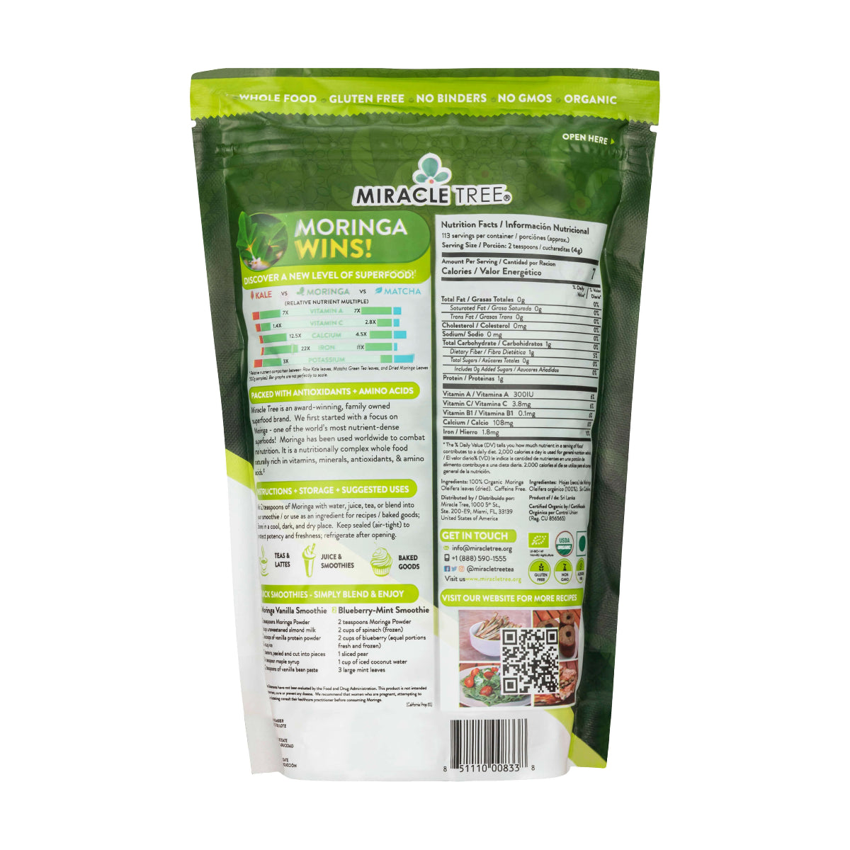 Organic Moringa Powder - 16oz Pouch - Pure Superfood Supplement (1 lb)