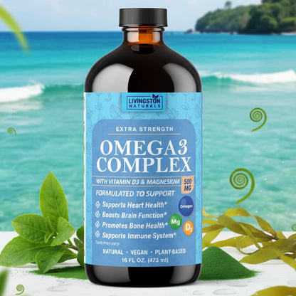 Vegan Omega-3 complex with algae, seeds, herbs, vitamin D3, and magnesium to support daily wellness in a natural plant-based liquid formula.