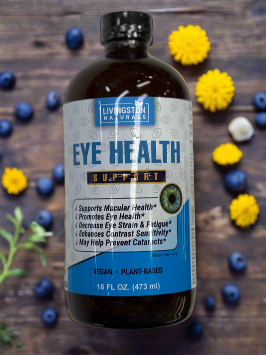 Organic eye health supplement bottle with glowing laptop and smartphone in background, symbolizing natural protection from blue light