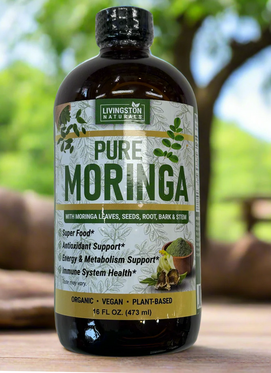 Organic Moringa liquid with full-spectrum plant parts. Supports energy, immunity, blood sugar, and inflammation. Potent superfood formula. By Livingston