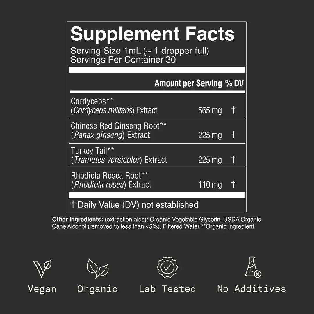 Energy Elixir — Organic Cordyceps, Ginseng, Turkey Tail & Rhodiola Extract