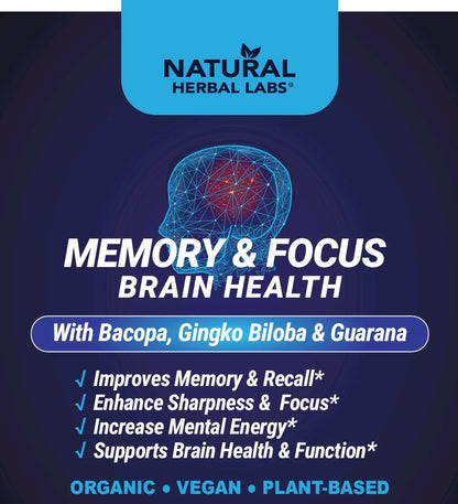 Organic Memory & Focus Herbal Tonic – Bacopa, Ginkgo Biloba, Guarana | Natural Brain Health & Mental Clarity Support