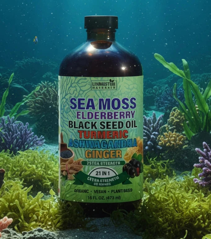 21-in-1 organic sea moss liquid formula with black seed oil, elderberry, lion’s mane, cordyceps, ashwagandha, turmeric, and moringa for daily wellness support. By Livingston Herbal Labs