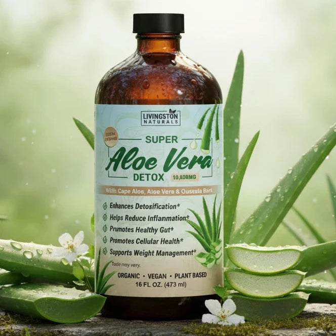 Plant-based aloe detox with organic aloe vera, cape aloe, and quassia bark to support digestion, balance, and daily wellness.