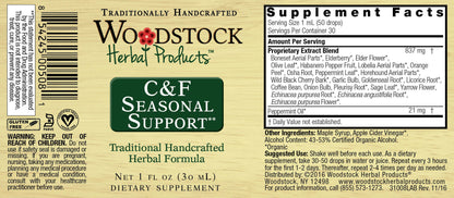 Cold and Flu C&F Seasonal Support - Organic herbal formula | Woodstock Herbal Products' formula provides superior immune support for cold and flu. Includes herbs like Boneset, Elderberry, Olive Leaf, Habanero, Peppermint.