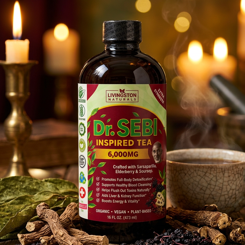 Livingston Naturals Dr. Sebi Inspired Tea with sarsaparilla, elderberry and soursop, 16 fl oz
