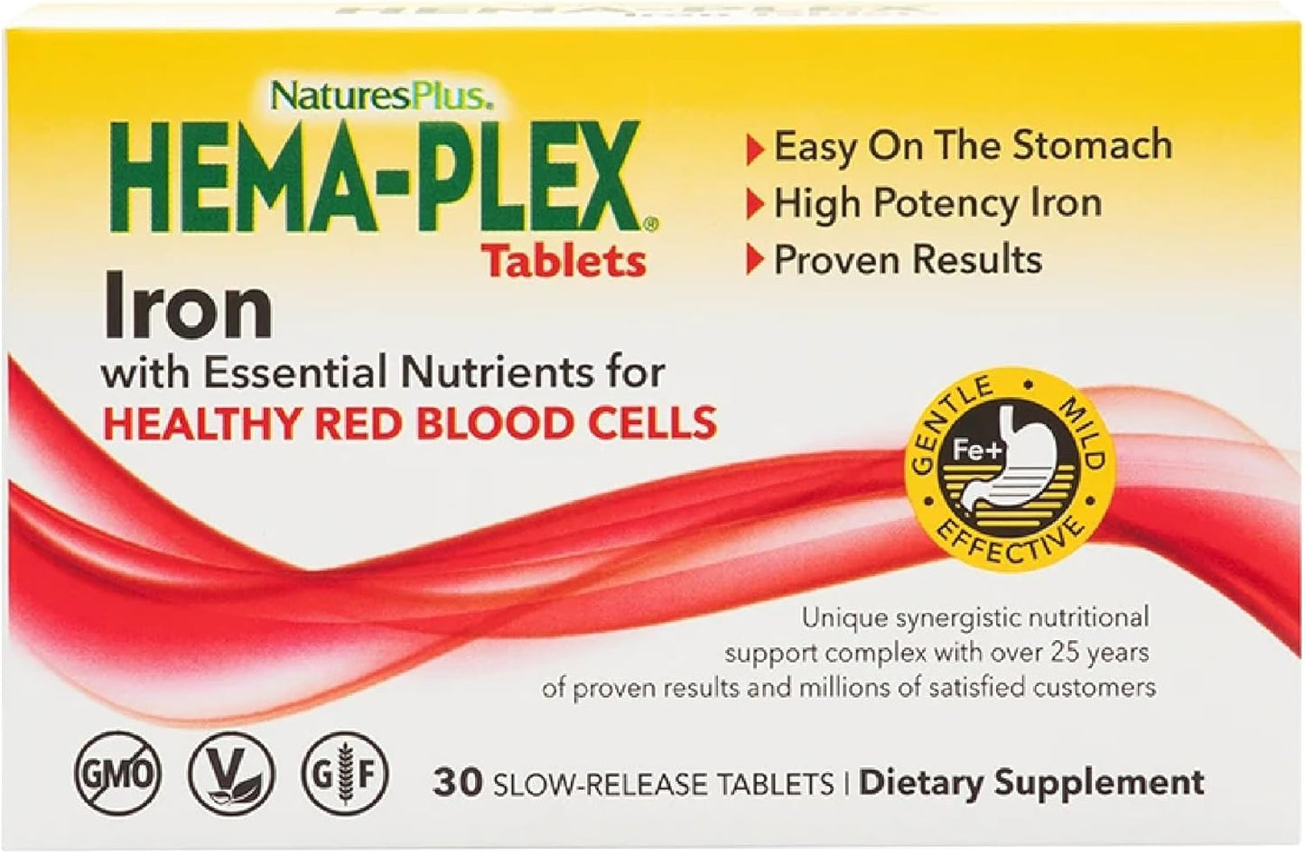 NaturesPlus Hema-Plex Iron provides 85 mg of chelated iron with essential cofactors like vitamins C, E, B6, B12, folate, and bioflavonoids for enhanced absorption. This gentle, slow-release formula is gluten-free, vegetarian, and free from common allergens. Manufactured in cGMP-compliant, FDA-registered facilities