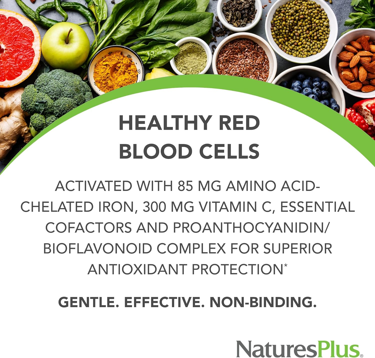 NaturesPlus Hema-Plex Iron provides 85 mg of chelated iron with essential cofactors like vitamins C, E, B6, B12, folate, and bioflavonoids for enhanced absorption. This gentle, slow-release formula is gluten-free, vegetarian, and free from common allergens. Manufactured in cGMP-compliant, FDA-registered facilities