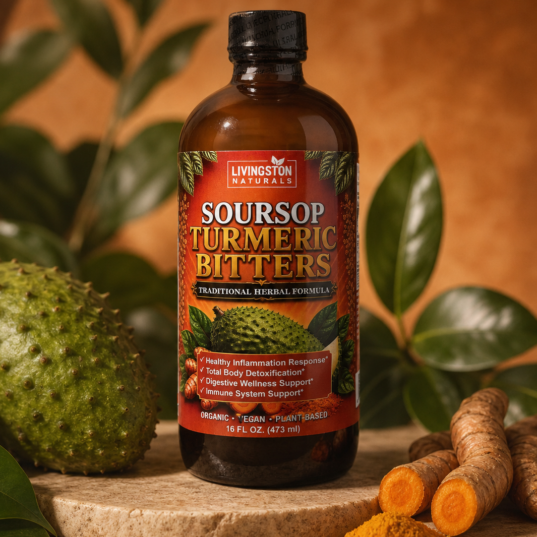 Shop Livingston Naturals Soursop Turmeric Bitters—an organic vegan liquid herbal blend for digestive support, daily vitality and wellness. 16 fl oz.